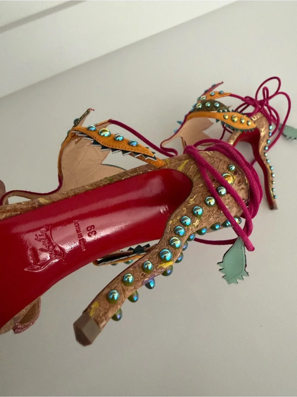 Women's Embellished Lace-Up Sandals - Pink & Teal - Picture 3 of 5